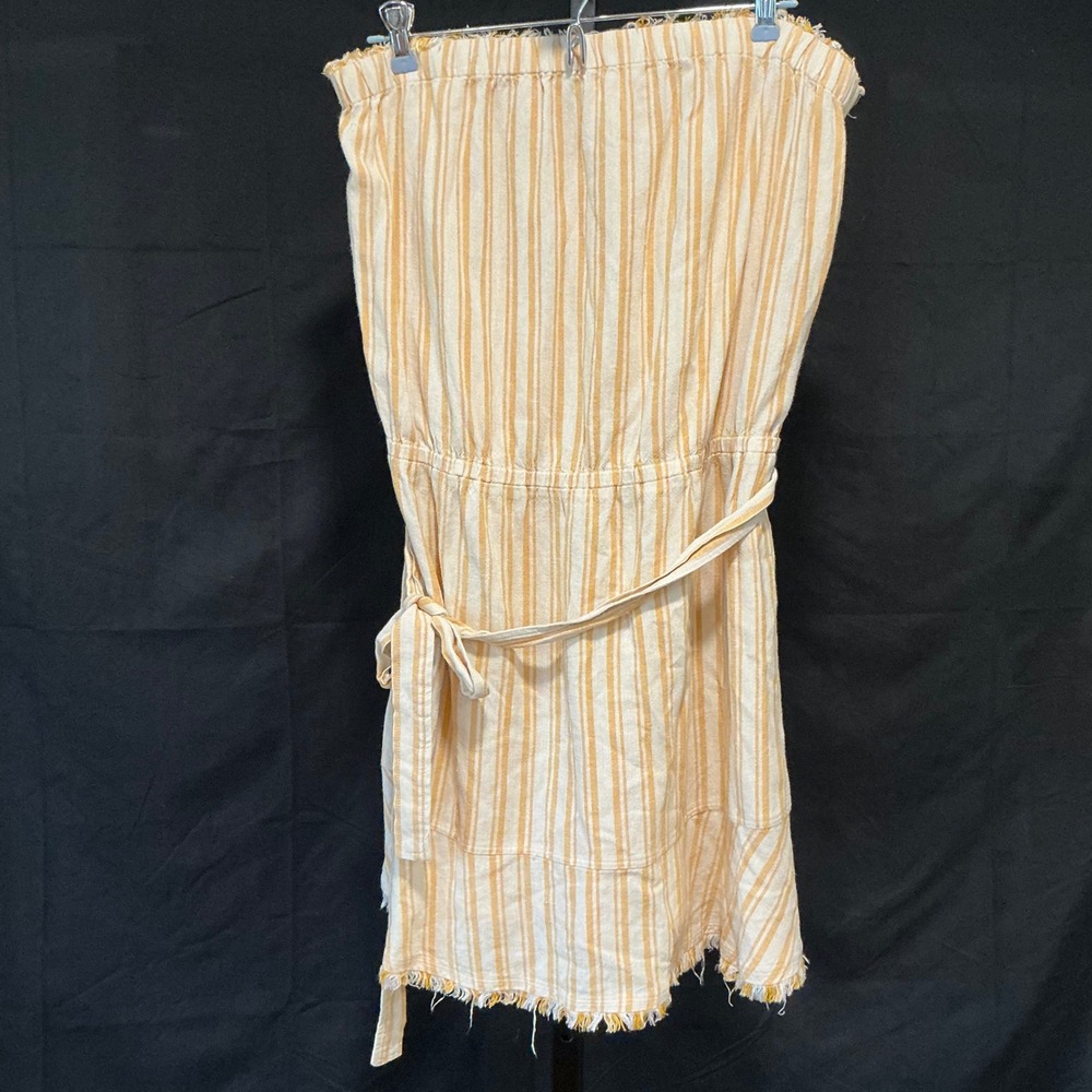 Anthro Cloth & Stone Strapless Mini Dress L Yellow Striped Frayed Hem Boho